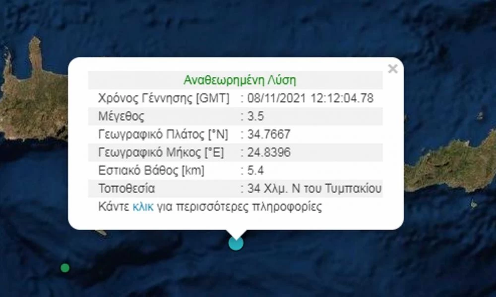 Σεισμός 3,5 ρίχτερ στο Τυμπάκι – Μόλις 5,4 χιλιόμετρα το εστιακό βάθος